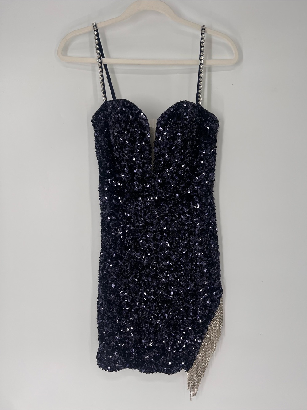 Sophia Thomas Navy Sequin Rhinestone Fringe Formal Cocktail Mini Dress 4